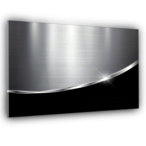 picture of glass kitchen splashback featuring image of silver and black metal